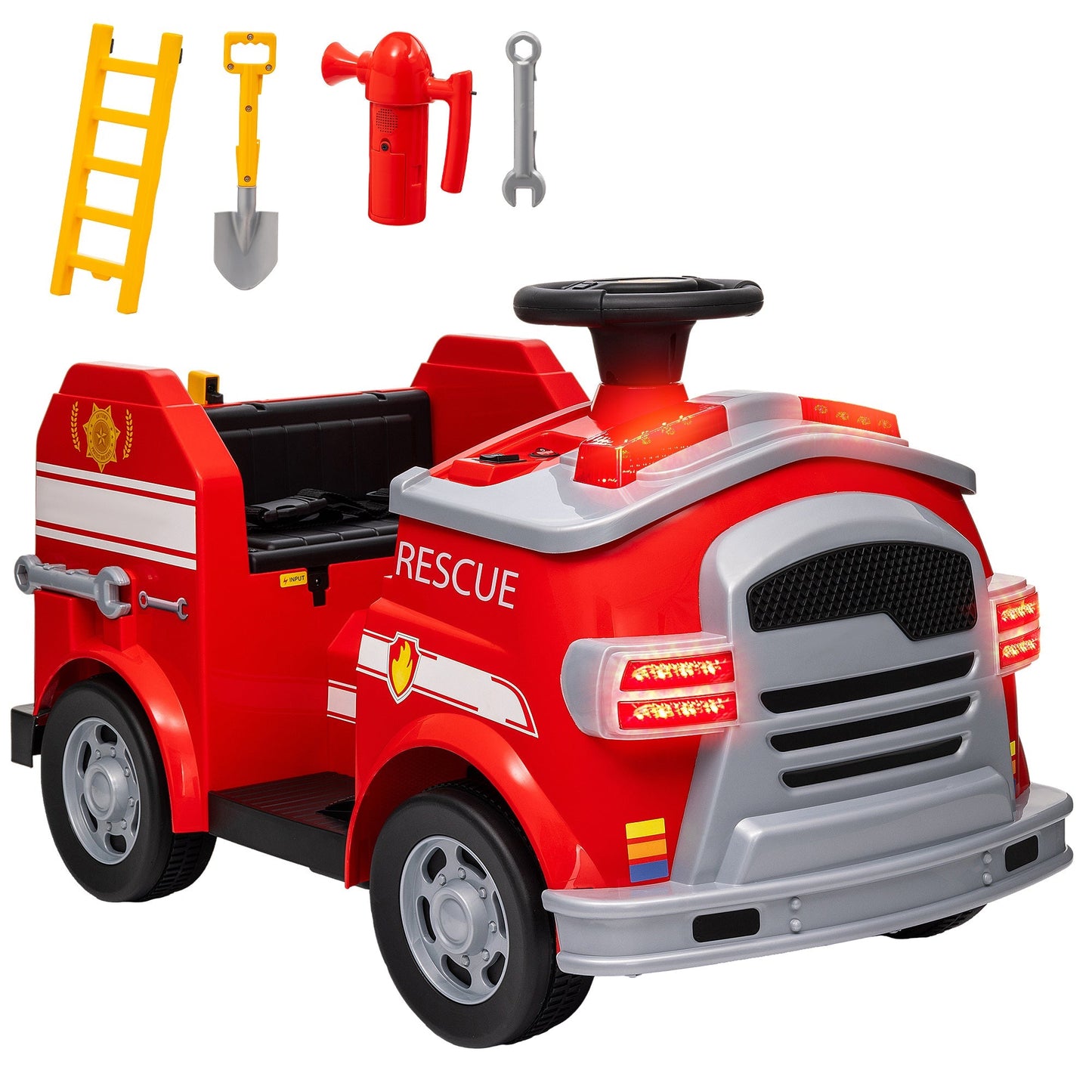 AIYAPLAY Carro Elétrico para Crianças acima de 3 Anos Caminhão de Bombeiros Elétrico para Crianças com Bateria de 12V Sirene Faróis Buzina e Música 86x49x52 cm Vermelho - A minha loja