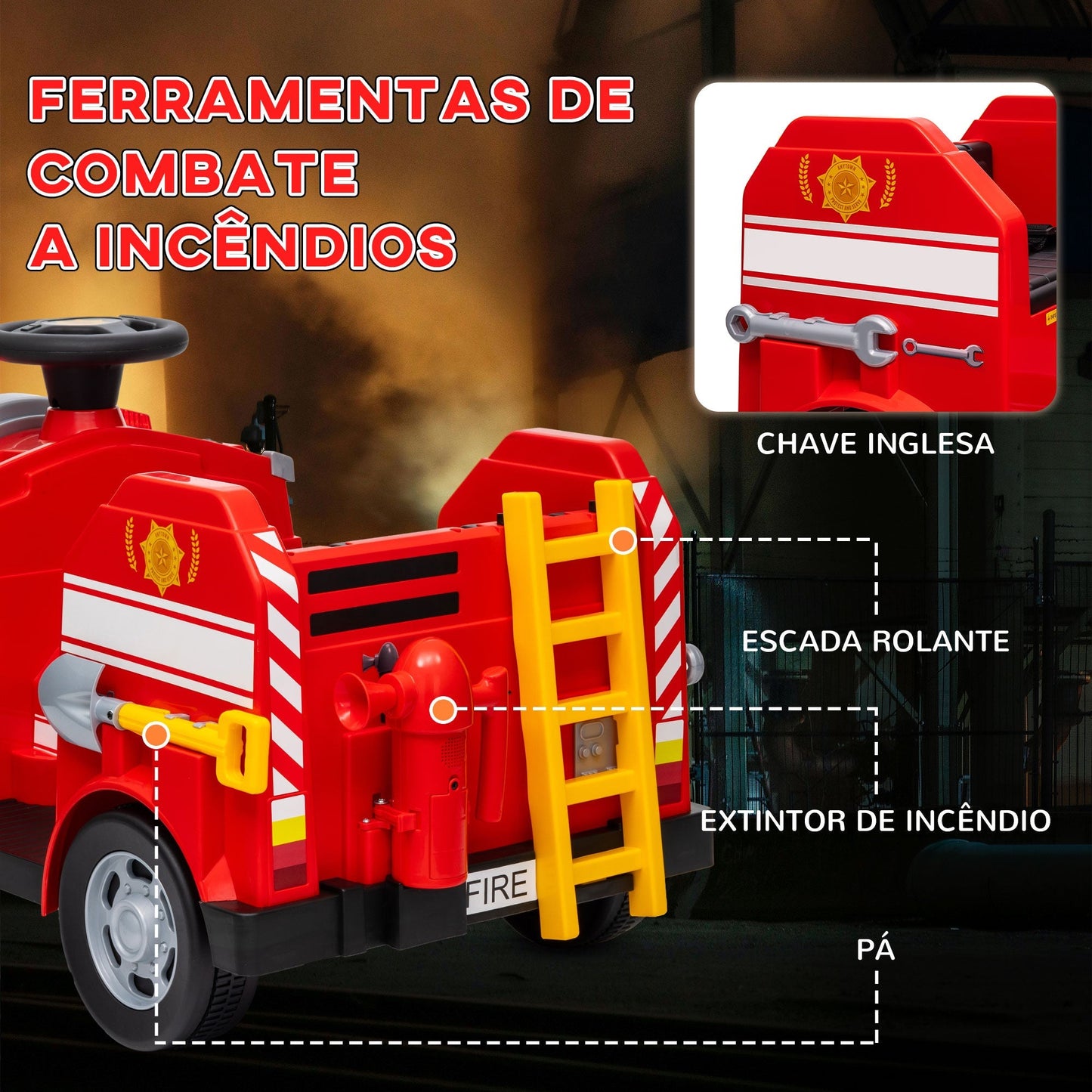 AIYAPLAY Carro Elétrico para Crianças acima de 3 Anos Caminhão de Bombeiros Elétrico para Crianças com Bateria de 12V Sirene Faróis Buzina e Música 86x49x52 cm Vermelho - A minha loja