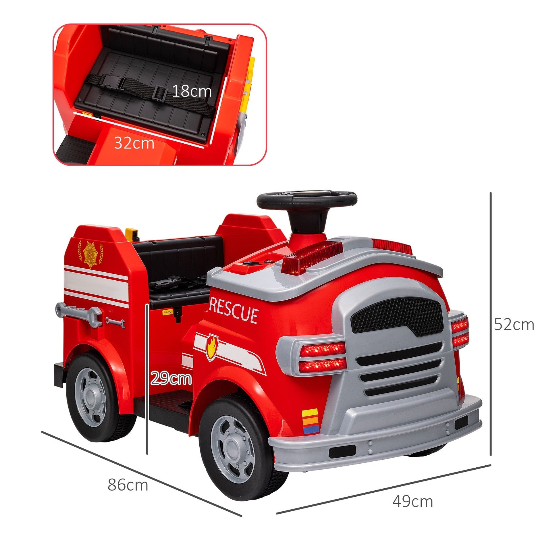 AIYAPLAY Carro Elétrico para Crianças acima de 3 Anos Caminhão de Bombeiros Elétrico para Crianças com Bateria de 12V Sirene Faróis Buzina e Música 86x49x52 cm Vermelho - A minha loja