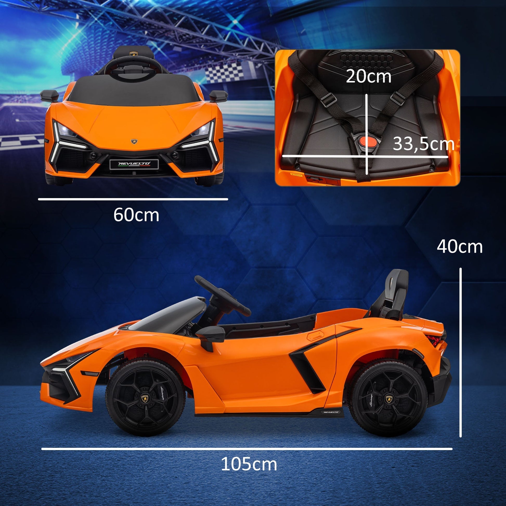 AIYAPLAY Carro Elétrico para Crianças acima de 3 Anos Carro Lamborghini Revuelto Carro Elétrico para Crianças com Bateria 12V Controlo Remoto Faróis LED Buzina Música e Rodas Auxiliares 105x60x40 cm Laranja - A minha loja