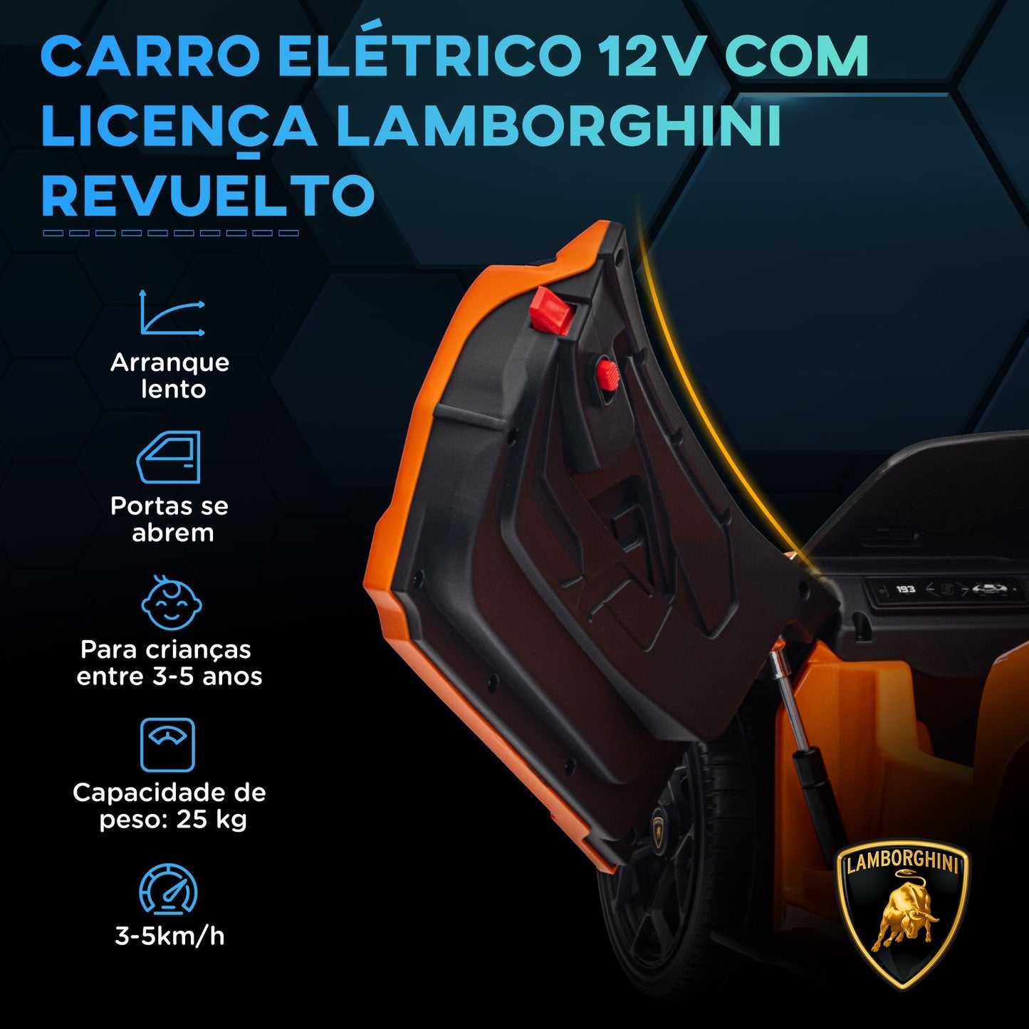 AIYAPLAY Carro Elétrico para Crianças acima de 3 Anos Carro Lamborghini Revuelto Carro Elétrico para Crianças com Bateria 12V Controlo Remoto Faróis LED Buzina Música e Rodas Auxiliares 105x60x40 cm Laranja - A minha loja