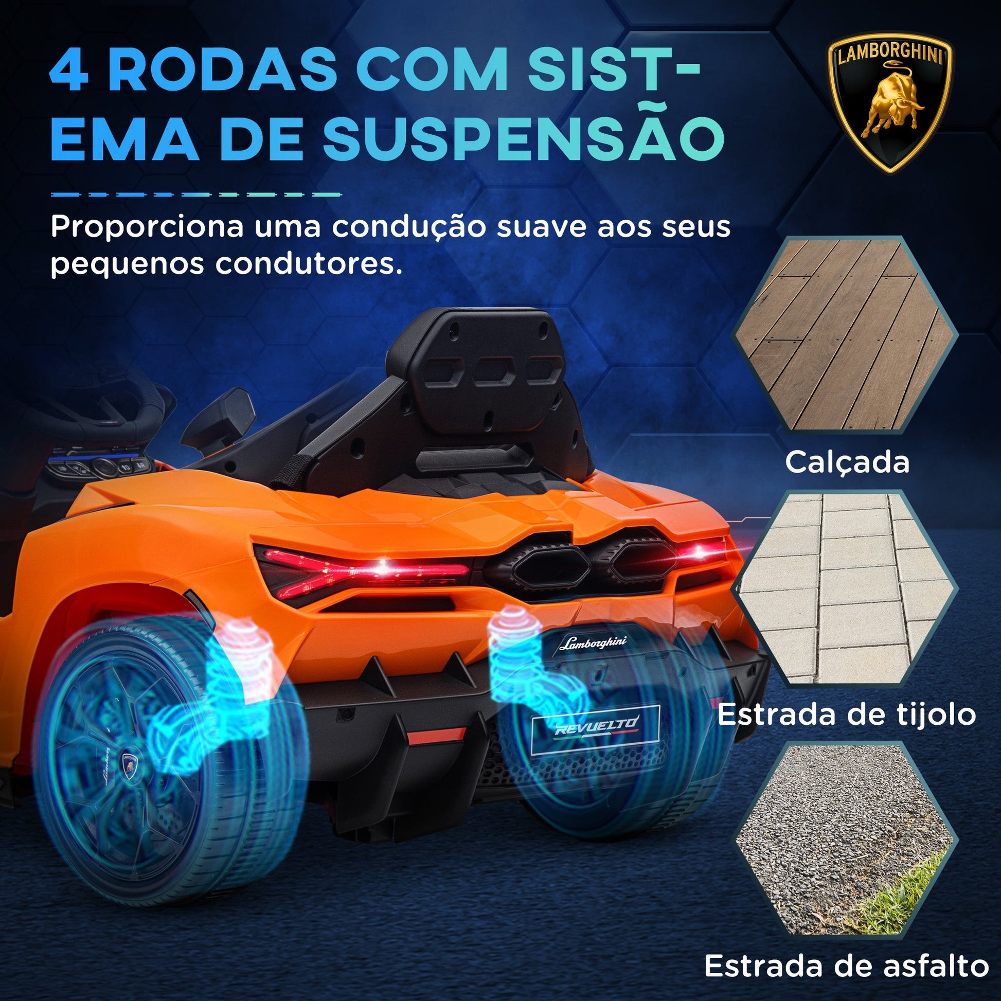 AIYAPLAY Carro Elétrico para Crianças acima de 3 Anos Carro Lamborghini Revuelto Carro Elétrico para Crianças com Bateria 12V Controlo Remoto Faróis LED Buzina Música e Rodas Auxiliares 105x60x40 cm Laranja - A minha loja