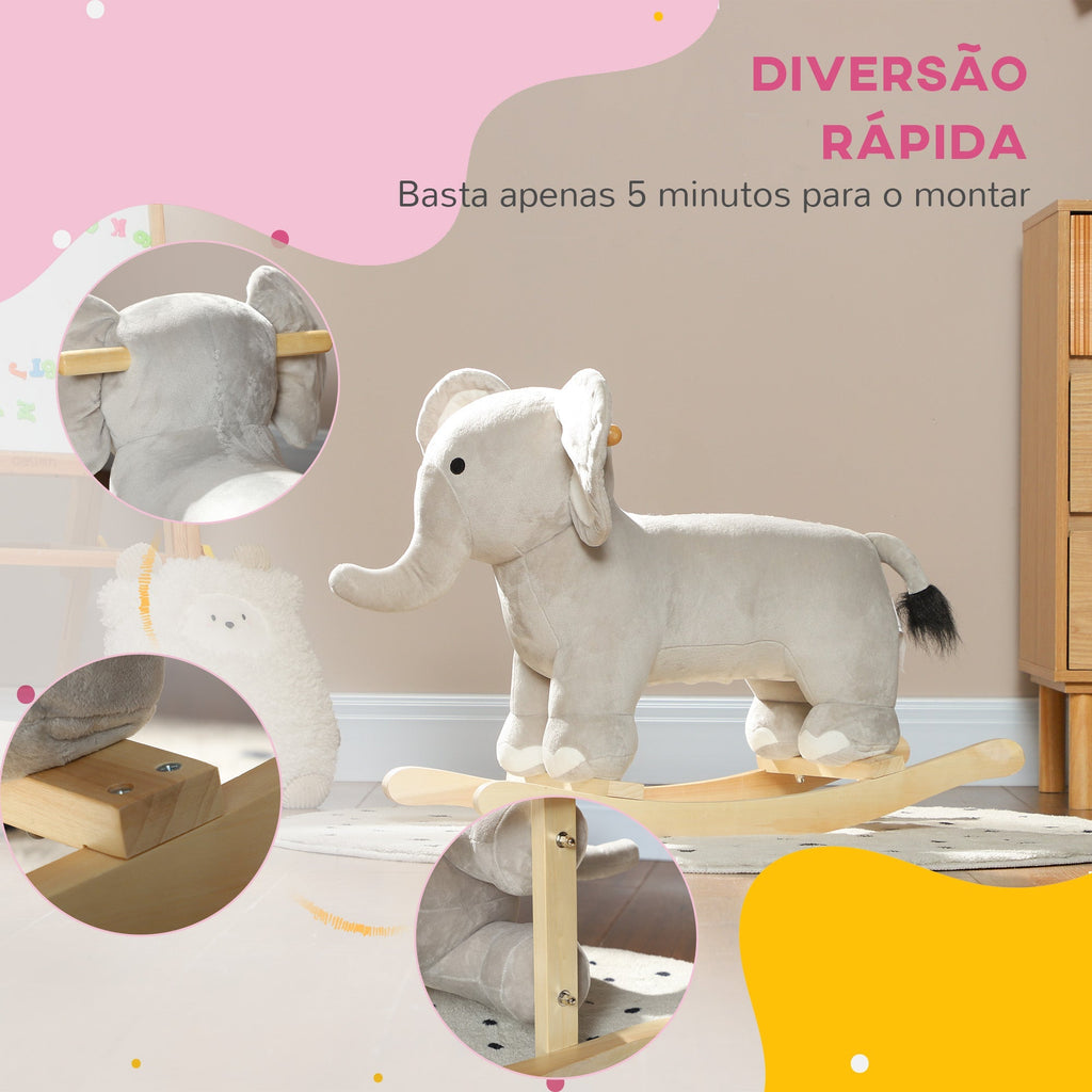 AIYAPLAY Cavalo Baloiço para Crianças de 2 - 4 Anos Cavalo de Brincar em Forma de Elefante com Som Guiador e Base de Madeira Carga 40 kg 64,5x31x52 cm Cinzento - A minha loja