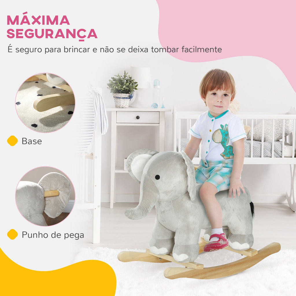AIYAPLAY Cavalo Baloiço para Crianças de 2 - 4 Anos Cavalo de Brincar em Forma de Elefante com Som Guiador e Base de Madeira Carga 40 kg 64,5x31x52 cm Cinzento - A minha loja