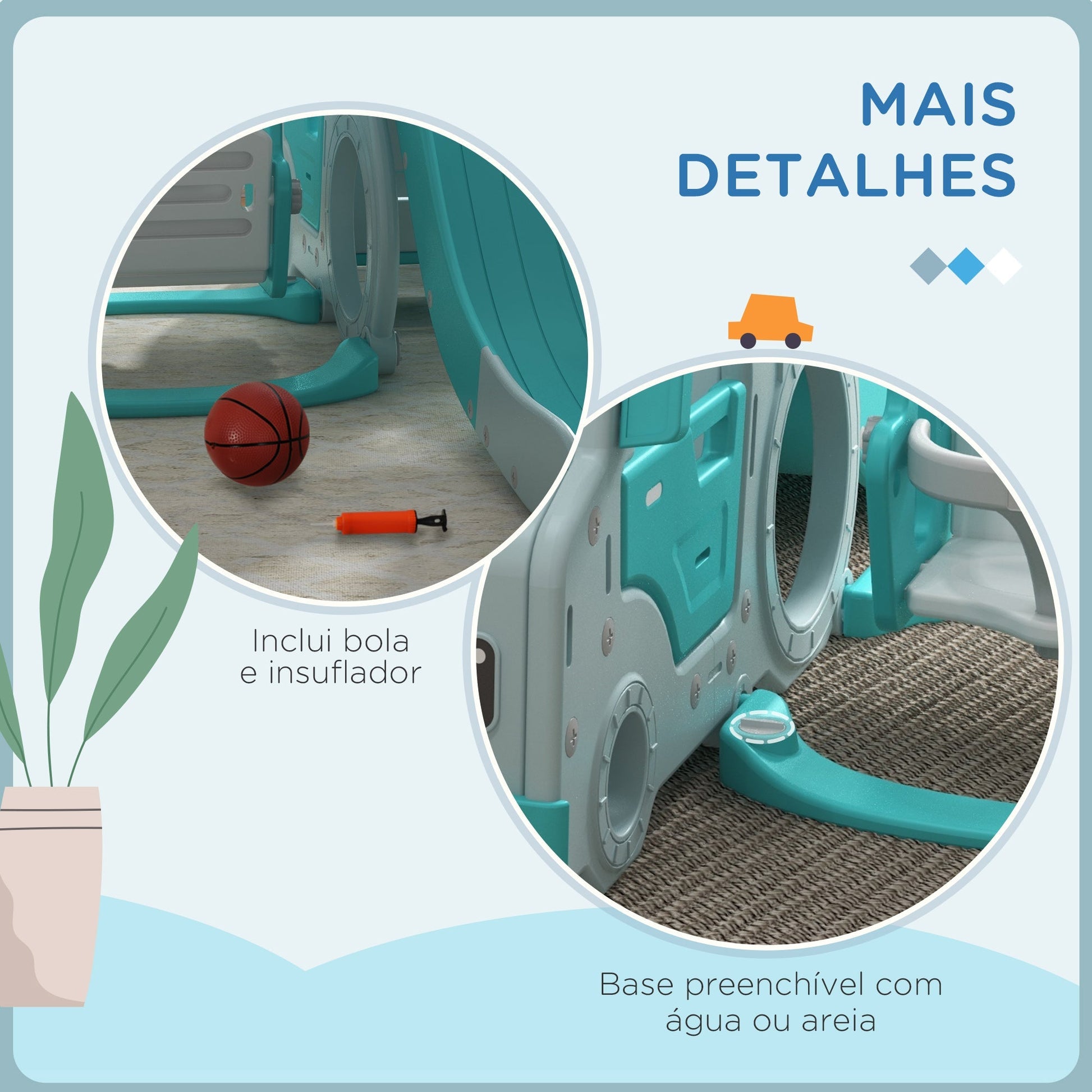 AIYAPLAY Conjunto de Escorrega e Baloiço para Crianças 6 em 1 Baloiço Infantil de 18 - 48 Meses Escorregador para Bebés com Buzina e Cesta de Basquetebol Carga 50 kg 201x151x87,5 cm Azul Claro - A minha loja