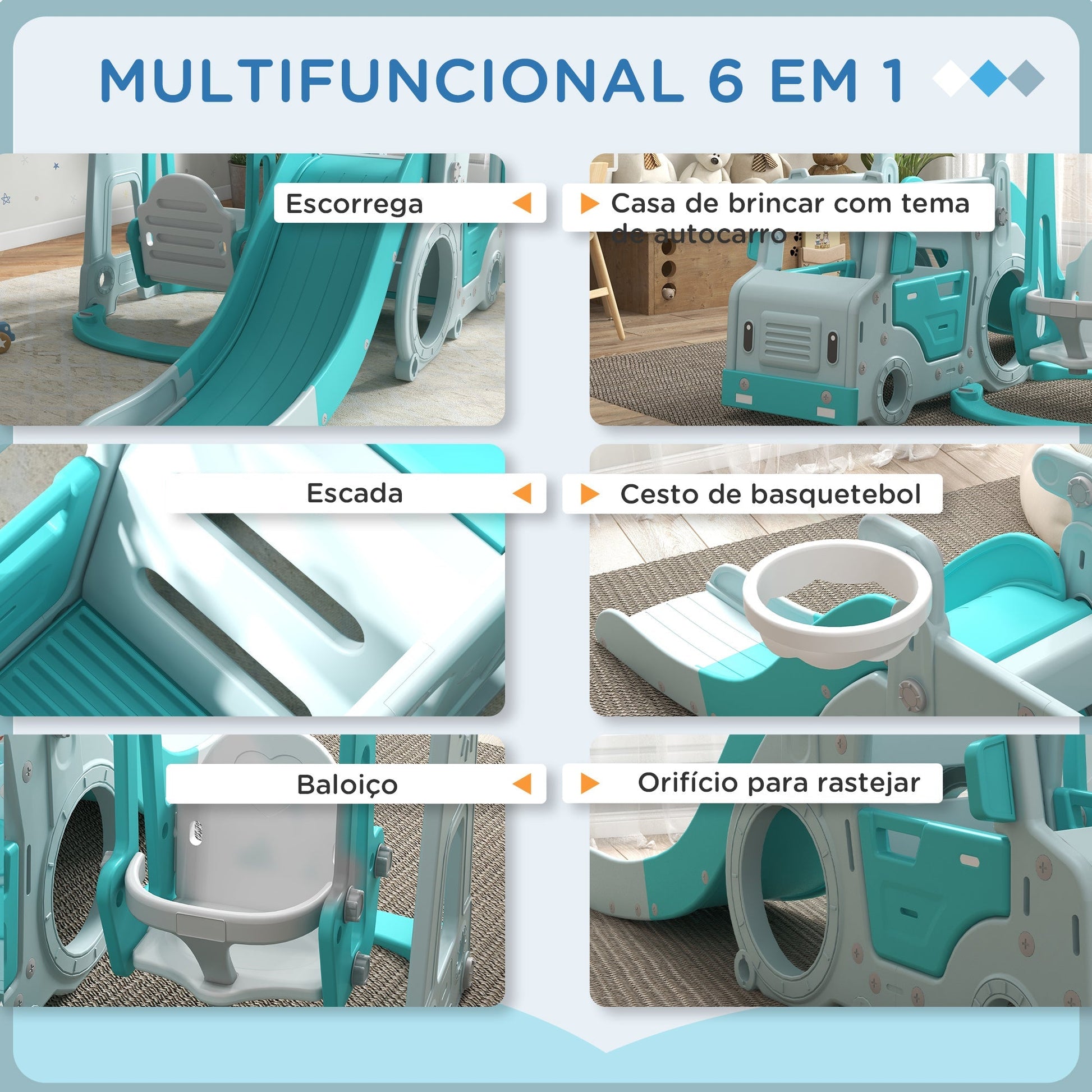 AIYAPLAY Conjunto de Escorrega e Baloiço para Crianças 6 em 1 Baloiço Infantil de 18 - 48 Meses Escorregador para Bebés com Buzina e Cesta de Basquetebol Carga 50 kg 201x151x87,5 cm Azul Claro - A minha loja