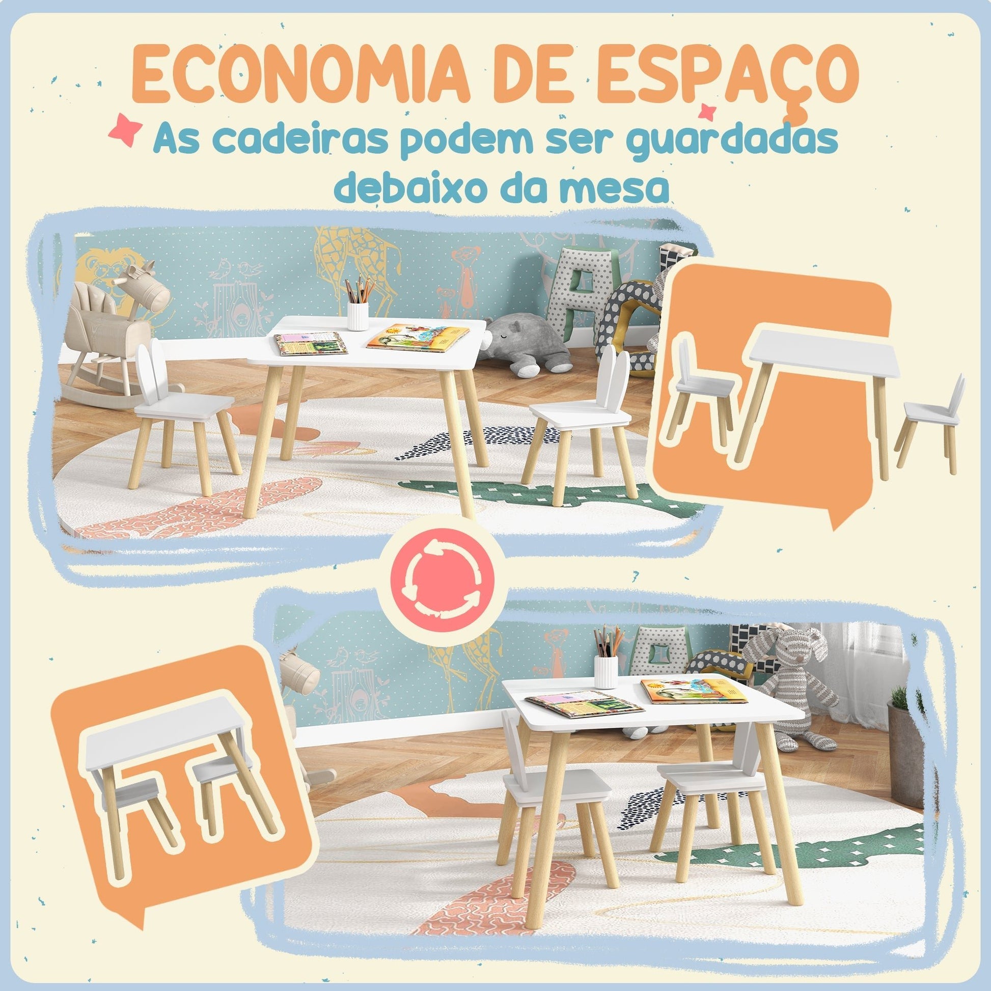 AIYAPLAY Conjunto de Mesa Infantil e 2 Cadeiras Mesa Infantil com Costas de Cadeiras com Orelhas de Coelho Mesa Infantil para Quarto de Bebé Sala de Jogos Branca - A minha loja