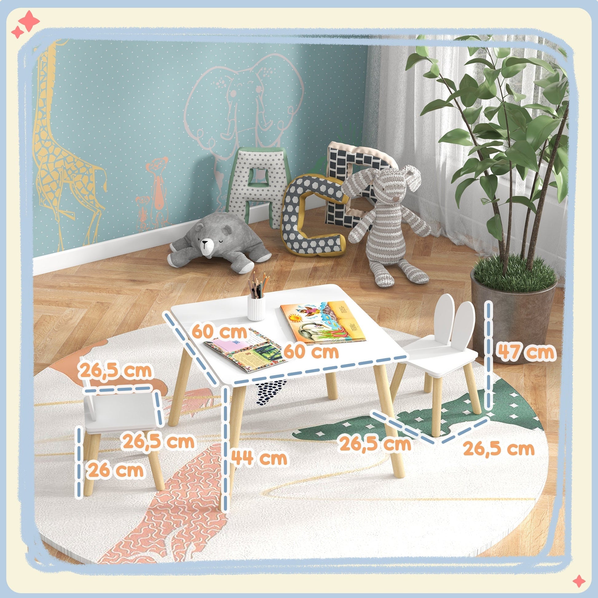 AIYAPLAY Conjunto de Mesa Infantil e 2 Cadeiras Mesa Infantil com Costas de Cadeiras com Orelhas de Coelho Mesa Infantil para Quarto de Bebé Sala de Jogos Branca - A minha loja