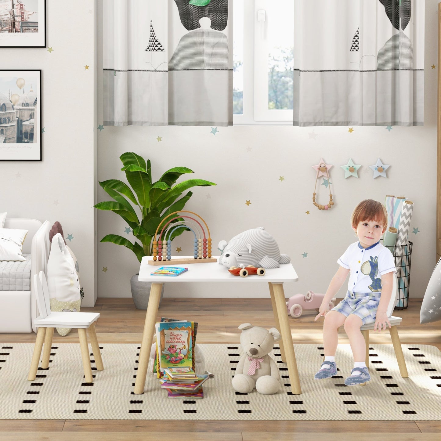 AIYAPLAY Conjunto de Mesa Infantil e 2 Cadeiras Mesa Infantil com Costas de Cadeiras com Orelhas de Coelho Mesa Infantil para Quarto de Bebé Sala de Jogos Branca - A minha loja