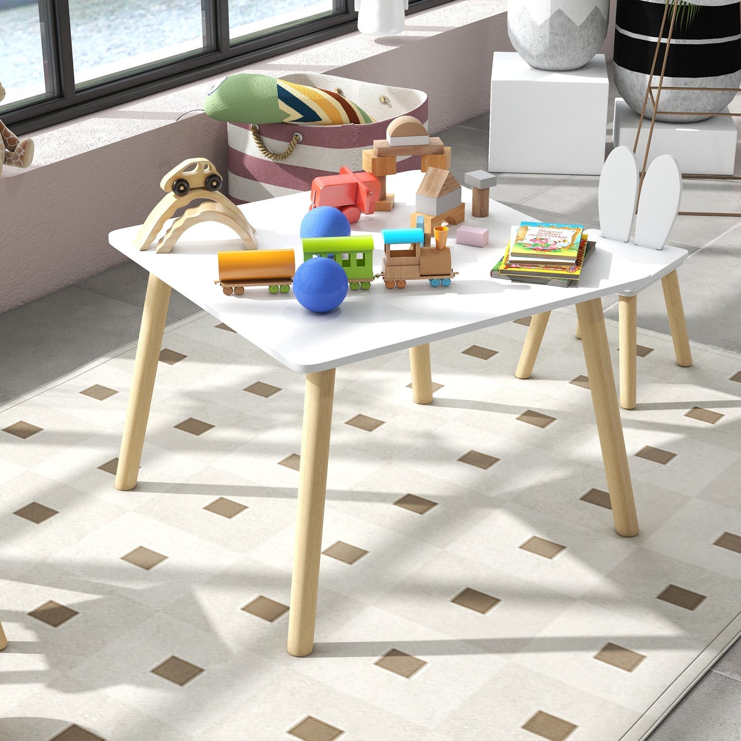 AIYAPLAY Conjunto de Mesa Infantil e 2 Cadeiras Mesa Infantil com Costas de Cadeiras com Orelhas de Coelho Mesa Infantil para Quarto de Bebé Sala de Jogos Branca - A minha loja