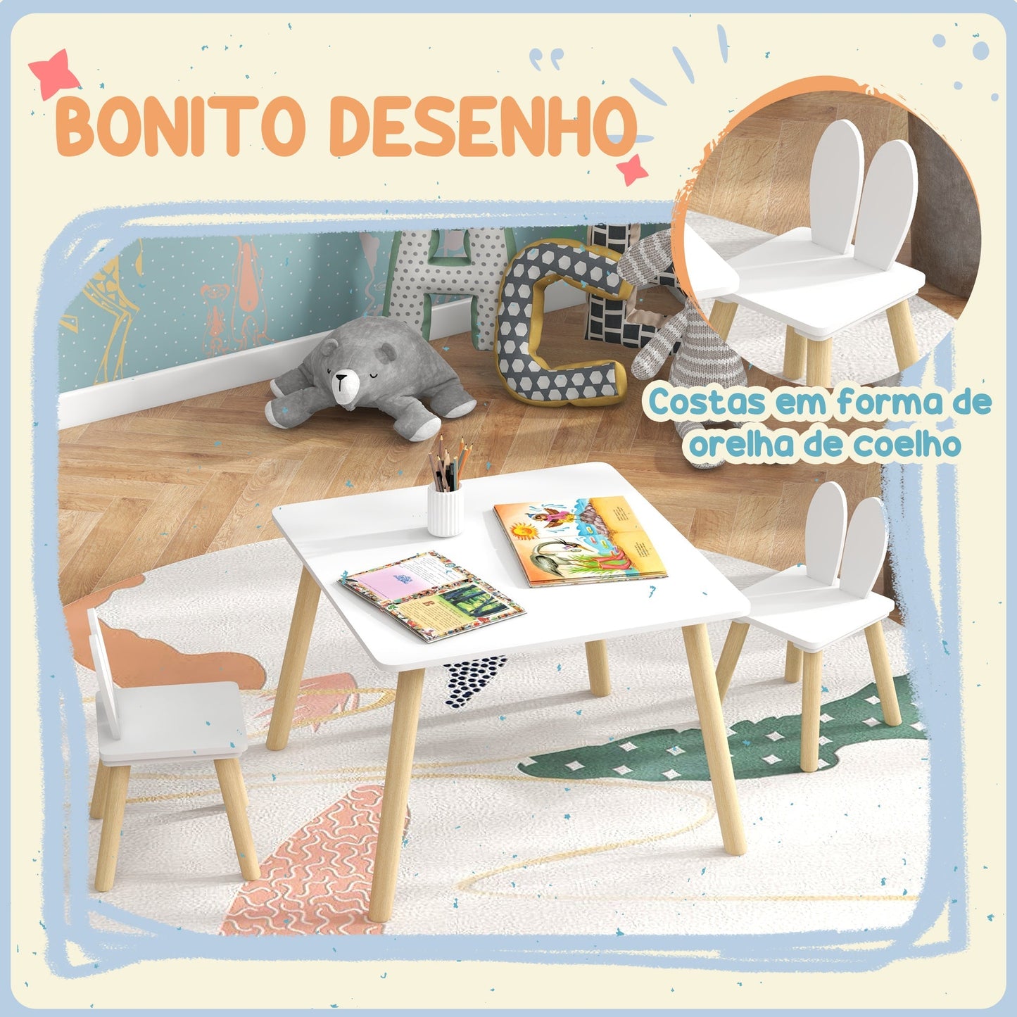 AIYAPLAY Conjunto de Mesa Infantil e 2 Cadeiras Mesa Infantil com Costas de Cadeiras com Orelhas de Coelho Mesa Infantil para Quarto de Bebé Sala de Jogos Branca - A minha loja
