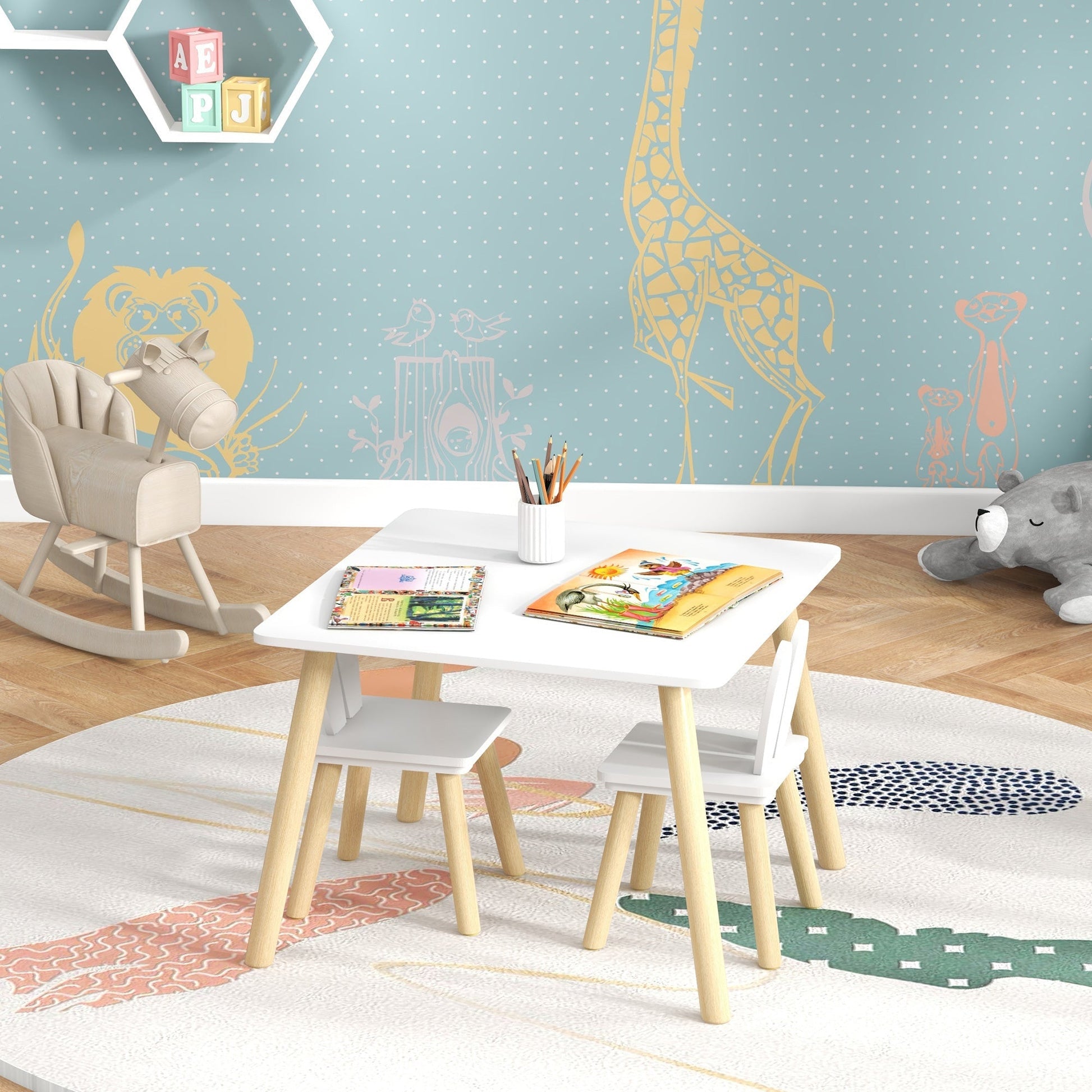 AIYAPLAY Conjunto de Mesa Infantil e 2 Cadeiras Mesa Infantil com Costas de Cadeiras com Orelhas de Coelho Mesa Infantil para Quarto de Bebé Sala de Jogos Branca - A minha loja