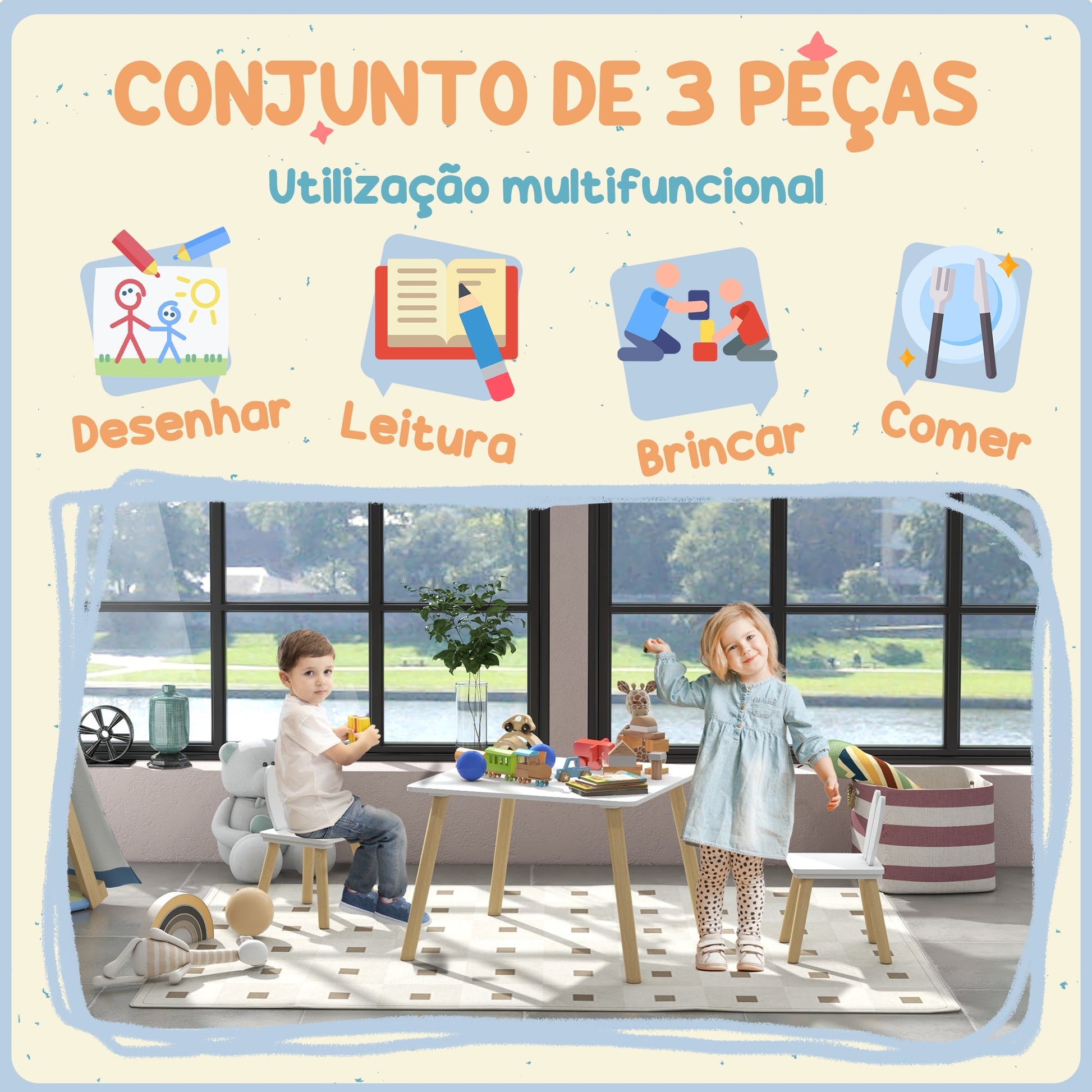 AIYAPLAY Conjunto de Mesa Infantil e 2 Cadeiras Mesa Infantil com Costas de Cadeiras com Orelhas de Coelho Mesa Infantil para Quarto de Bebé Sala de Jogos Branca - A minha loja