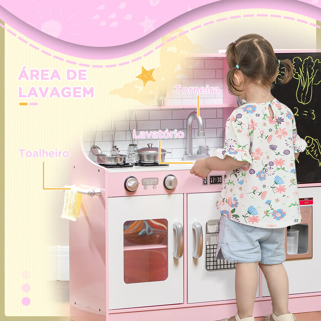AIYAPLAY Cozinha de Brincar para Crianças acima de 3 anos Cozinha Infantil de Madeira com Acessórios Máquina de Gelo Ardósia e Telefone 83,8x26,8x81 cm Rosa - A minha loja