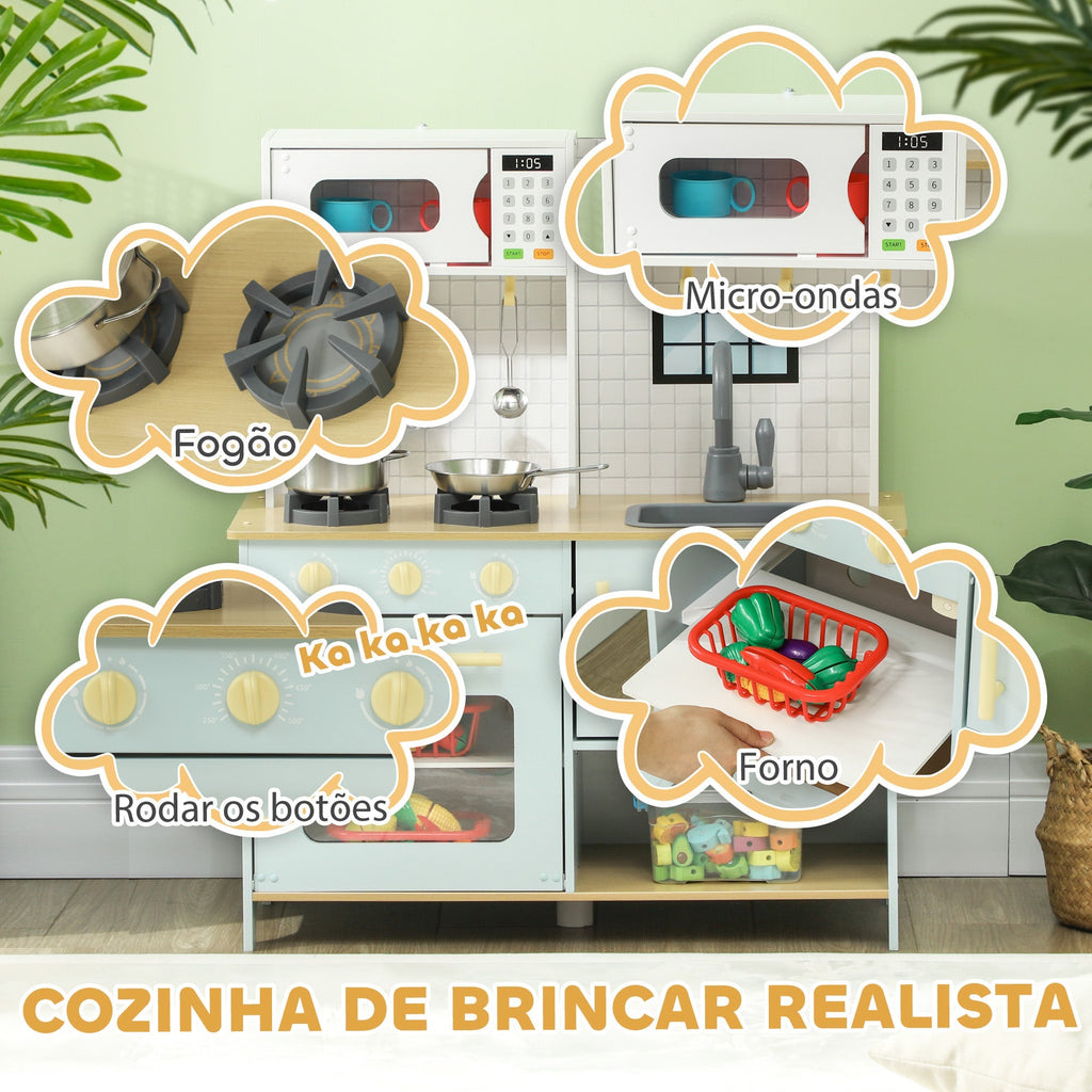 AIYAPLAY Cozinha de Madeira para Crianças acima de 3 Anos Cozinha de Brincar Infantil com Som Fogão Lavatório Micro - Ondas e Acessórios Azul - A minha loja