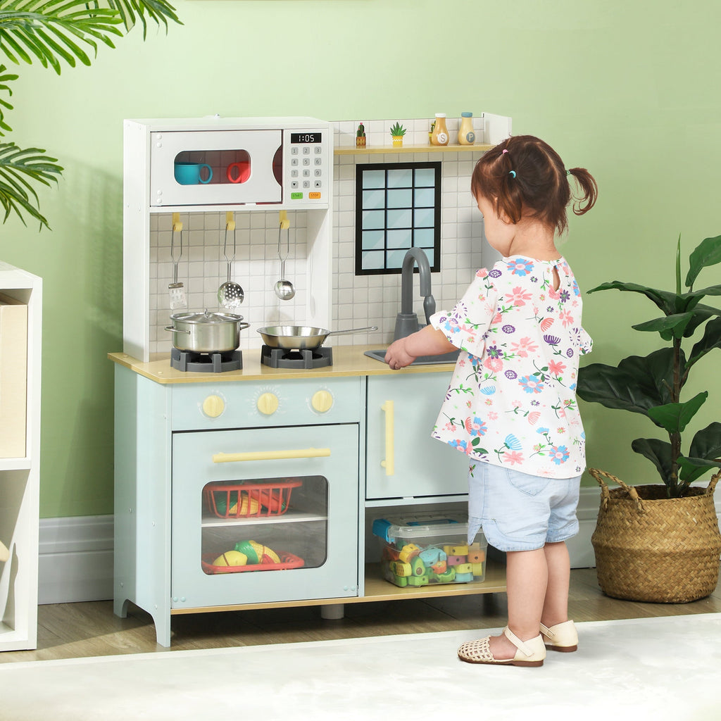 AIYAPLAY Cozinha de Madeira para Crianças acima de 3 Anos Cozinha de Brincar Infantil com Som Fogão Lavatório Micro - Ondas e Acessórios Azul - A minha loja