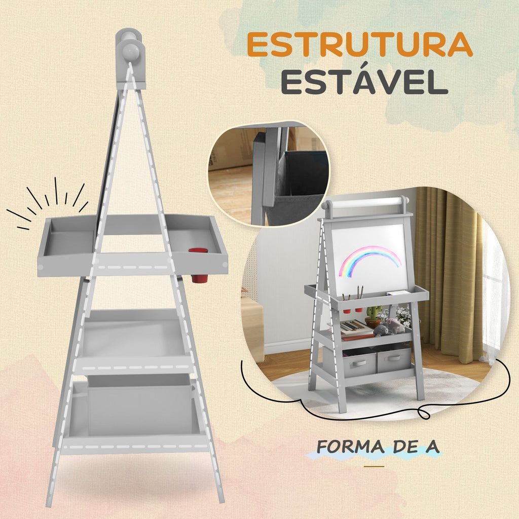AIYAPLAY Quadro infantil Cavalete de Pintura Infantil 3 em 1 Quadro Magnético Dupla Face com Rolo de Papel e Cestos de Arrumação Cinzento - A minha loja