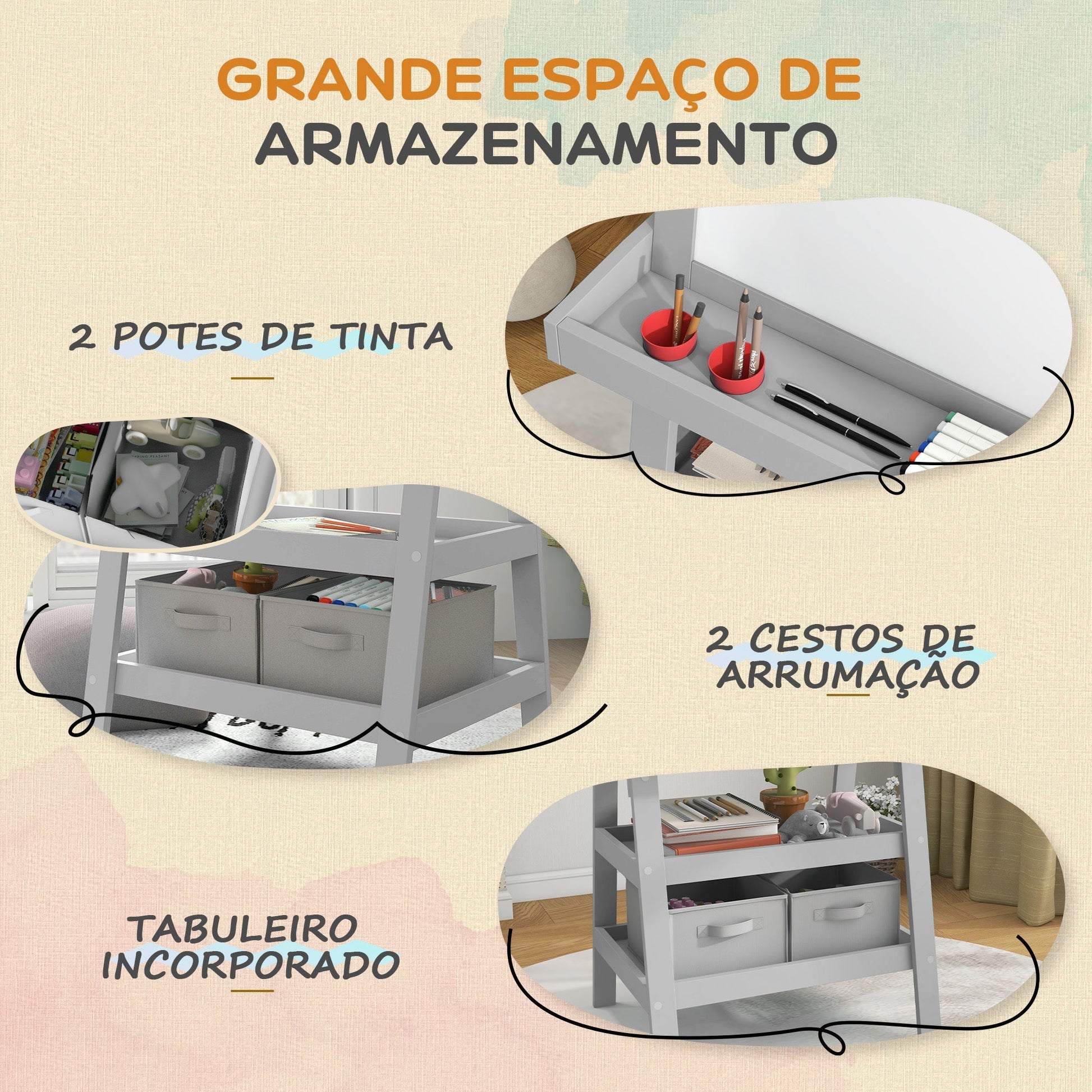 AIYAPLAY Quadro infantil Cavalete de Pintura Infantil 3 em 1 Quadro Magnético Dupla Face com Rolo de Papel e Cestos de Arrumação Cinzento - A minha loja