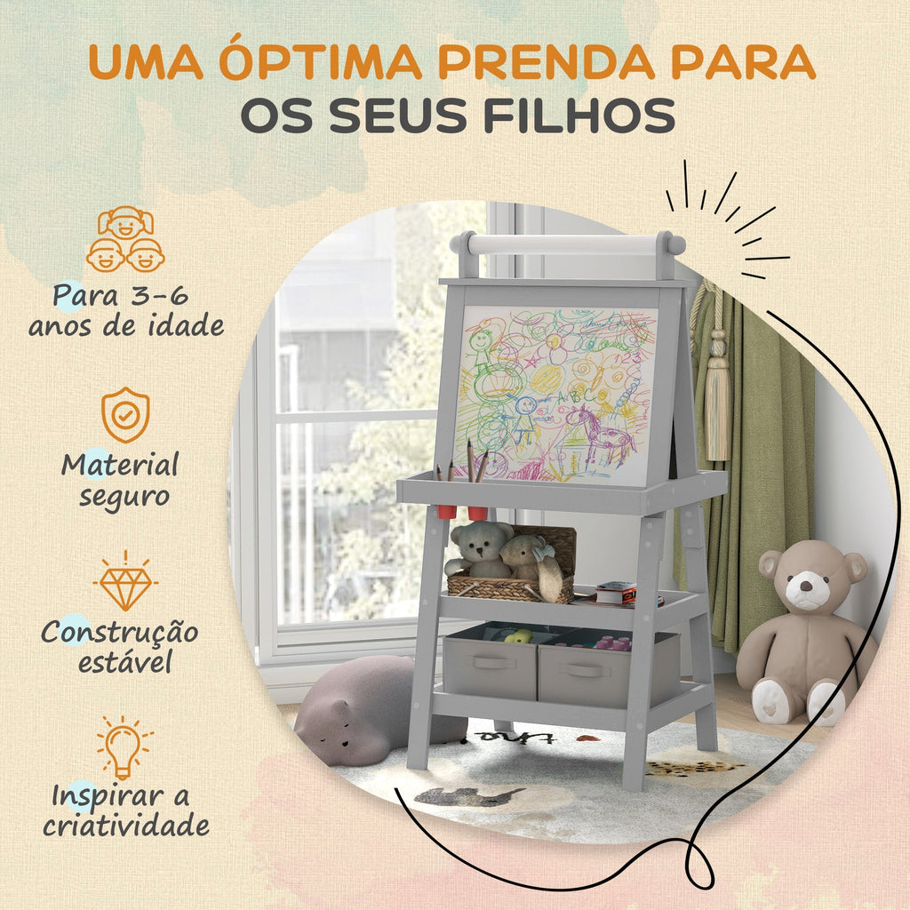 AIYAPLAY Quadro infantil Cavalete de Pintura Infantil 3 em 1 Quadro Magnético Dupla Face com Rolo de Papel e Cestos de Arrumação Cinzento - A minha loja