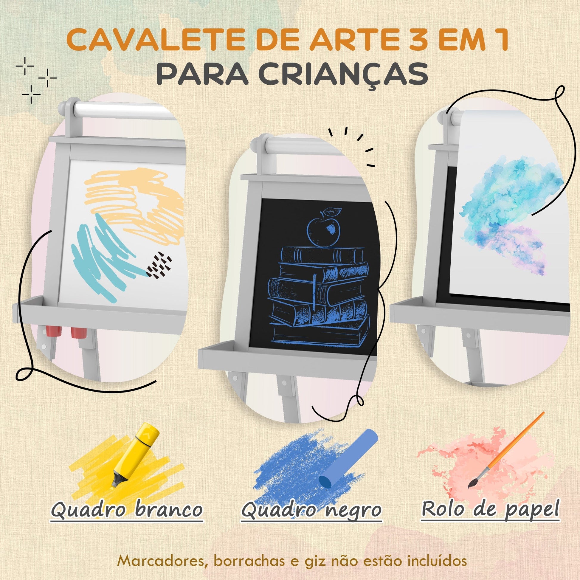AIYAPLAY Quadro infantil Cavalete de Pintura Infantil 3 em 1 Quadro Magnético Dupla Face com Rolo de Papel e Cestos de Arrumação Cinzento - A minha loja