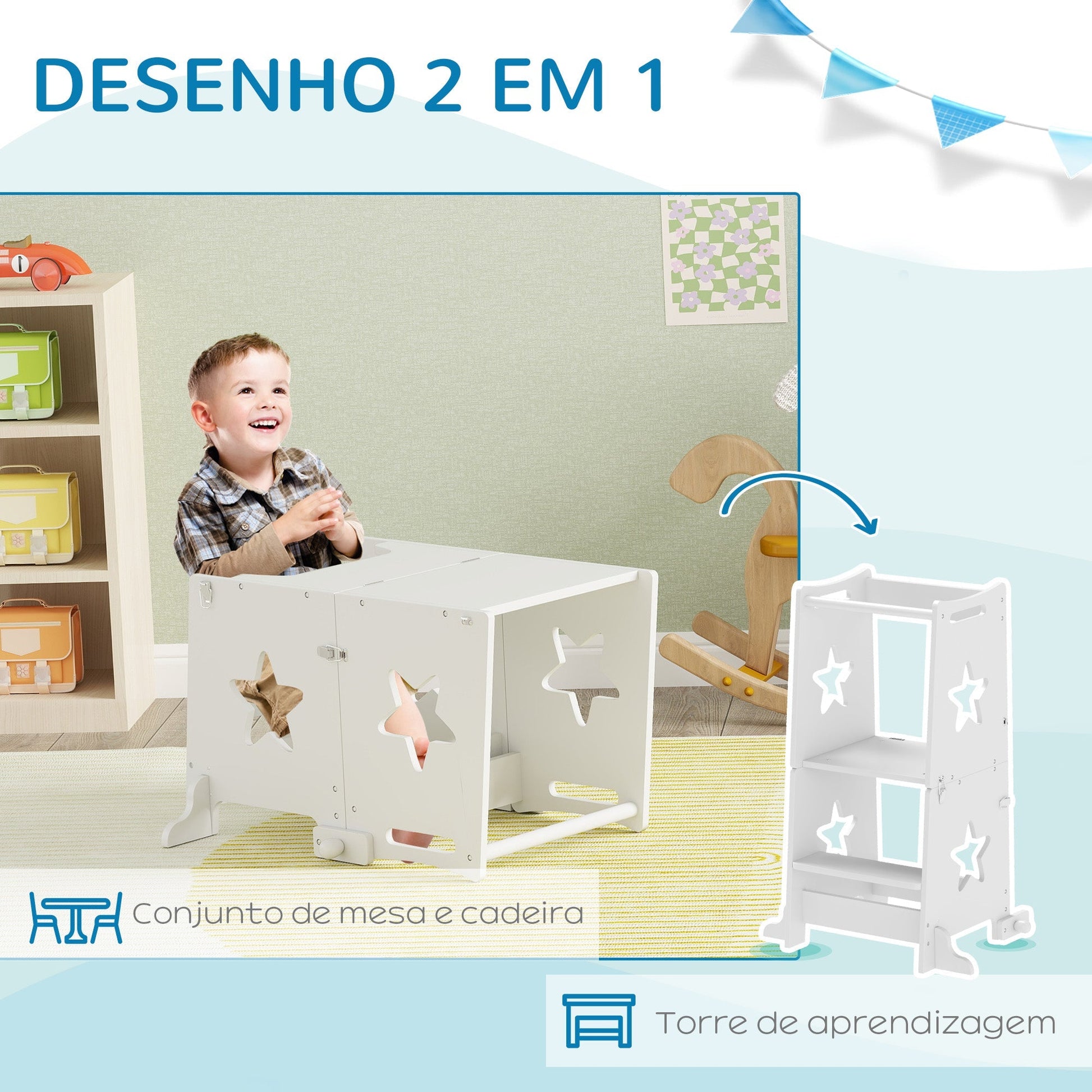 AIYAPLAY Torre de Aprendizagem 2 em 1 Torre de Aprendizagem para Crianças acima de 3 Anos Convertível em Mesa e Cadeira com Barreira de Segurança 60x44,5x86 cm Branco - A minha loja