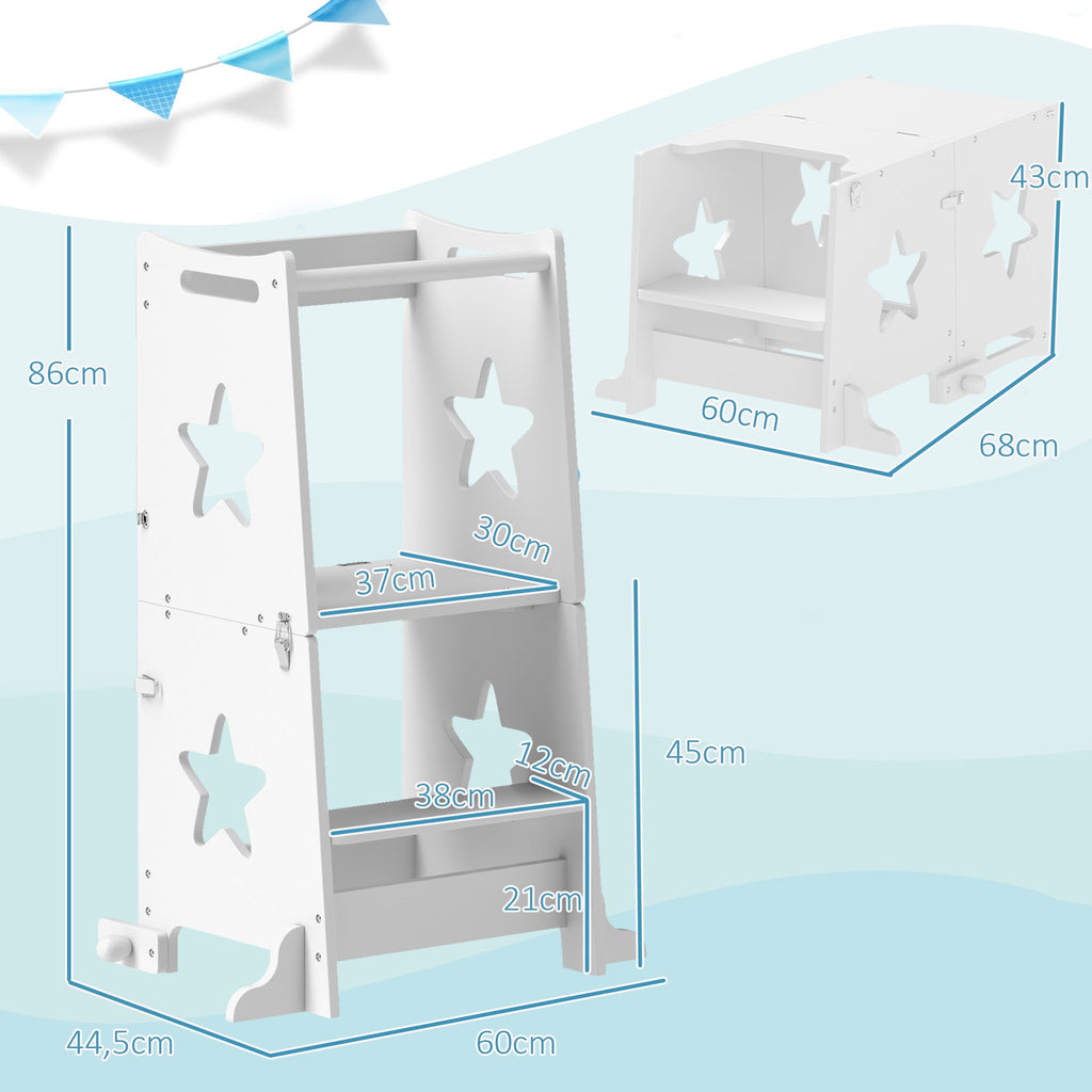 AIYAPLAY Torre de Aprendizagem 2 em 1 Torre de Aprendizagem para Crianças acima de 3 Anos Convertível em Mesa e Cadeira com Barreira de Segurança 60x44,5x86 cm Branco - A minha loja