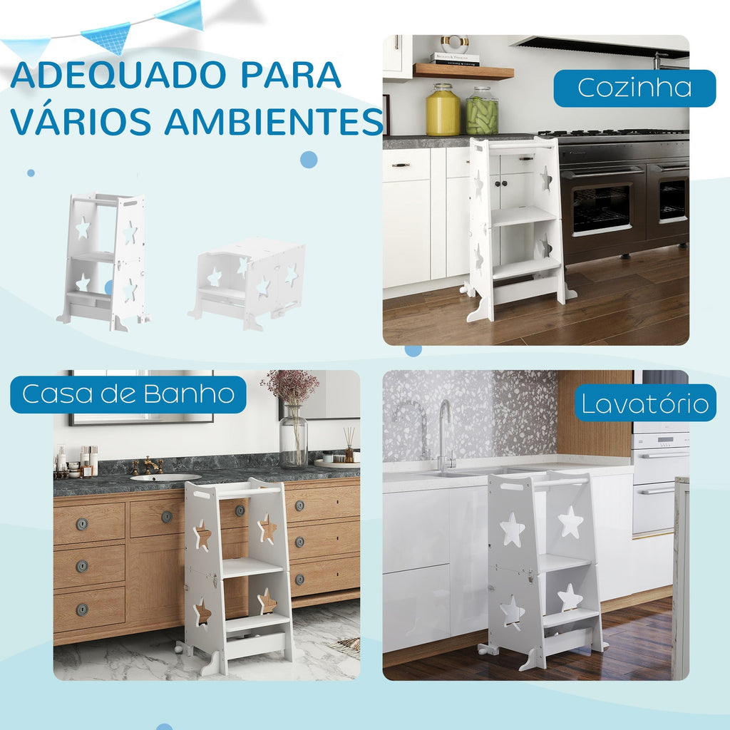 AIYAPLAY Torre de Aprendizagem 2 em 1 Torre de Aprendizagem para Crianças acima de 3 Anos Convertível em Mesa e Cadeira com Barreira de Segurança 60x44,5x86 cm Branco - A minha loja
