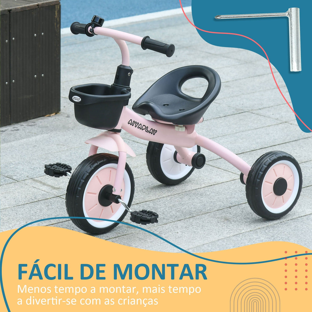 AIYAPLAY Triciclo para Crianças de 2 a 5 anos Triciclo Infantil com Assento Ajustável Cesta Buzina e Pedais e 3 Rodas Carga Máxima 25 kg 70,5x50x58 cm Rosa - A minha loja