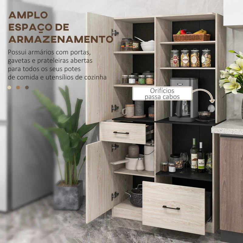 Armário de Cozinha Moderno Armário de Cozinha com 2 Gavetas 2 Armários e 4 Prateleiras Abertas Móvel Auxiliar de Cozinha 90x40x170 cm Madeira e Preto