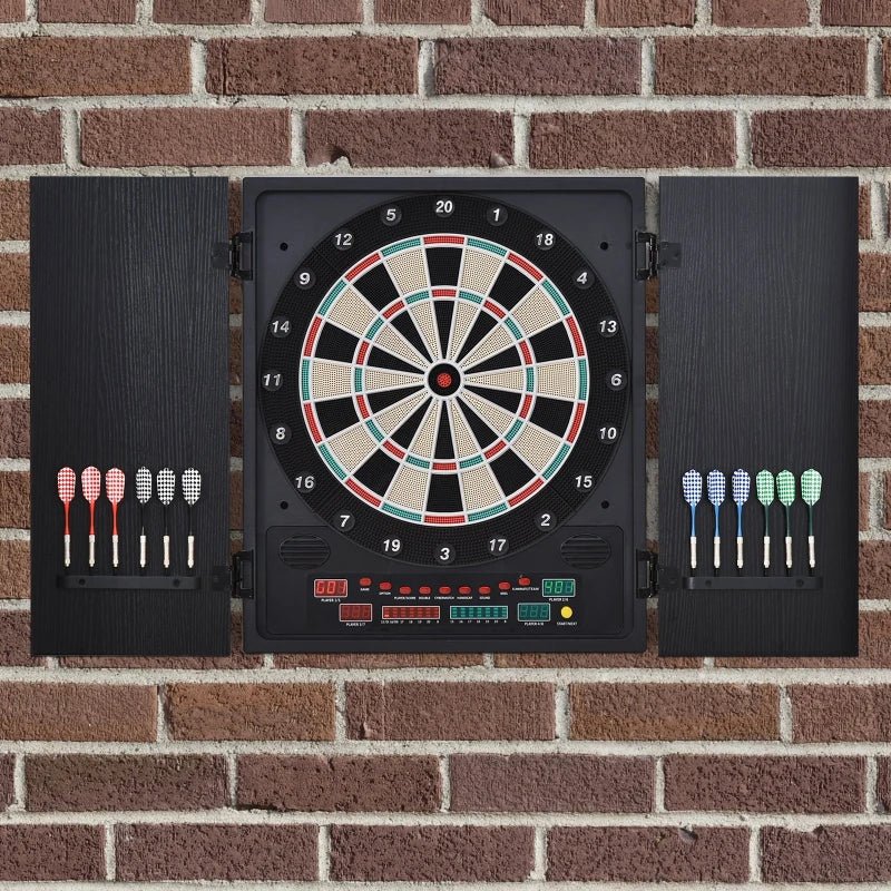 Alvo eletrônico digital para até 8 jogadores com 12 dardos e 30 pontas com portas de tela de LED 27 jogos diferentes 51x6,5x57 cm Preto - A minha loja