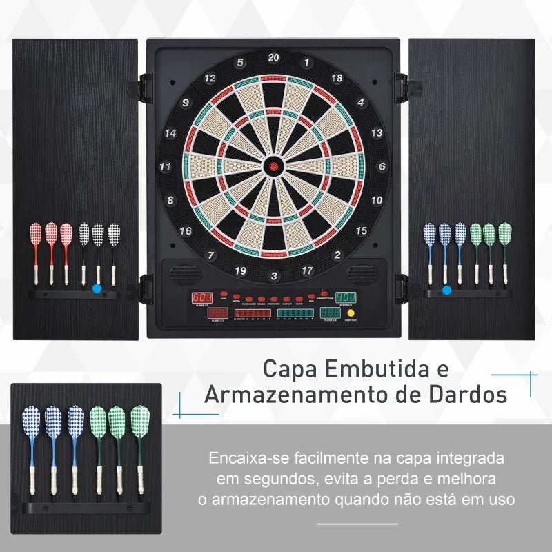 Alvo eletrônico digital para até 8 jogadores com 12 dardos e 30 pontas com portas de tela de LED 27 jogos diferentes 51x6,5x57 cm Preto - A minha loja
