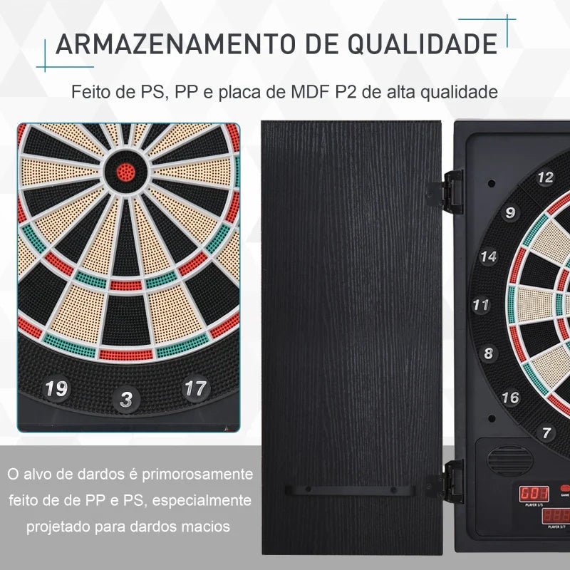Alvo eletrônico digital para até 8 jogadores com 12 dardos e 30 pontas com portas de tela de LED 27 jogos diferentes 51x6,5x57 cm Preto - A minha loja