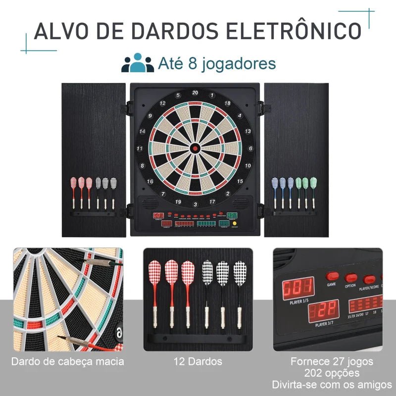 Alvo eletrônico digital para até 8 jogadores com 12 dardos e 30 pontas com portas de tela de LED 27 jogos diferentes 51x6,5x57 cm Preto - A minha loja