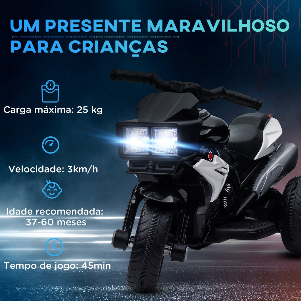 Motocicleta Elétrica Infantil com 3 Rodas para Crianças acima de 3 anos Triciclo com Pedal para Crianças Bateria 6V com Luzes Música Pneus Largos 86x42x52 cm Branco