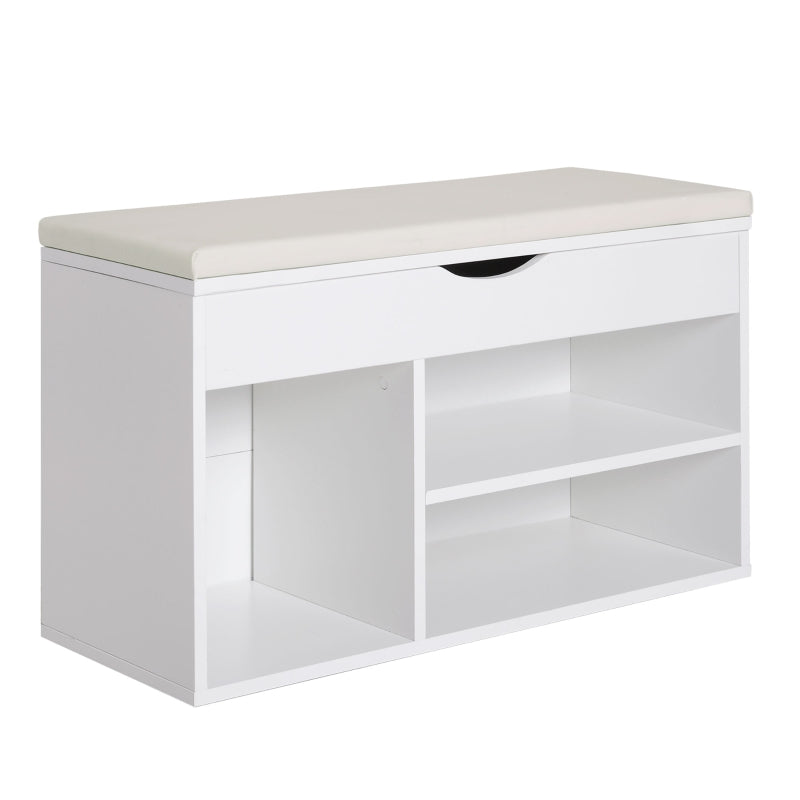 Banco Sapateira com Armazenamento Gaveta Prateleira e Assento Acolchoado para Entrada Estilo Moderno 80x30x47cm Branco