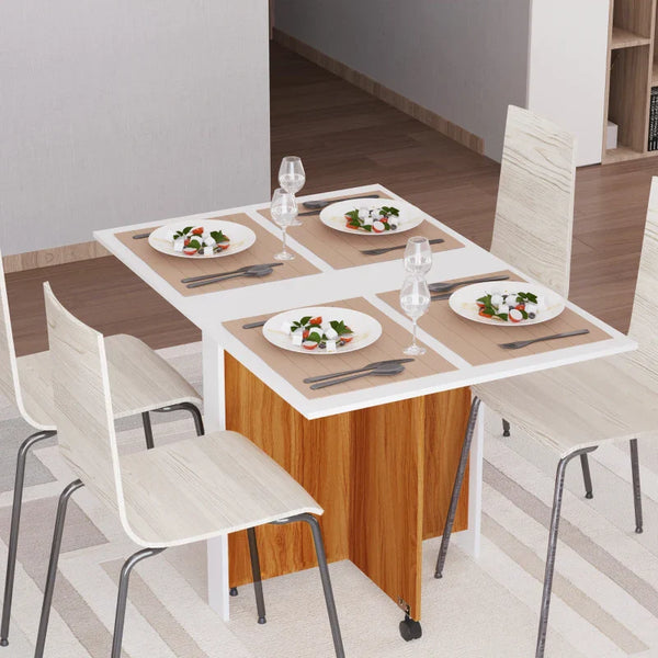 Mesa de Sala de Jantar Dobrável com Rodas Mesa Multifuncional para Sala de Jantar com 3 Formas 120x80x73cm Branco e Madeira