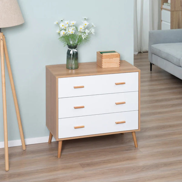Cómoda de Madeira com 3 Gavetas Armário Auxiliar de Armazenamento Moderna com Pés Elevados para Dormitório Sala de Estar 80x39x80cm Branco e Madeira Natural