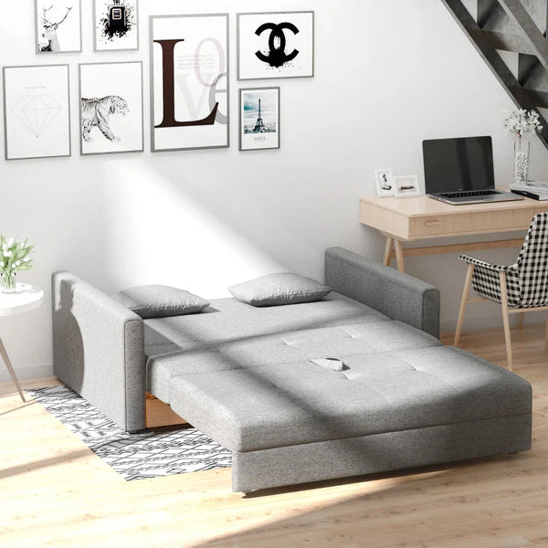 Sofá Cama de 2 Lugares Estofado em Algodão com 2 Almofadas Apoio para os Braços e Armazenamento Sofá Duplo Moderno para Sala de Estar Escritório 152x101x81cm Cinza