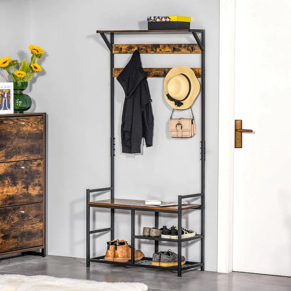 Móvel Cabide de Entrada com 3 Prateleiras 9 Ganchos Armário de Entrada com Cabides de Estilo Industrial 84x34,5x180cm Marrom e Preto