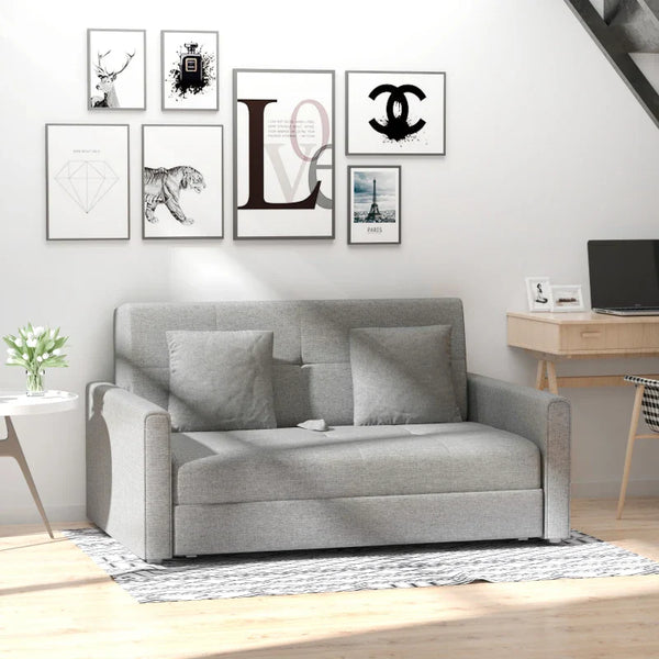 Sofá Cama de 2 Lugares Estofado em Algodão com 2 Almofadas Apoio para os Braços e Armazenamento Sofá Duplo Moderno para Sala de Estar Escritório 152x101x81cm Cinza
