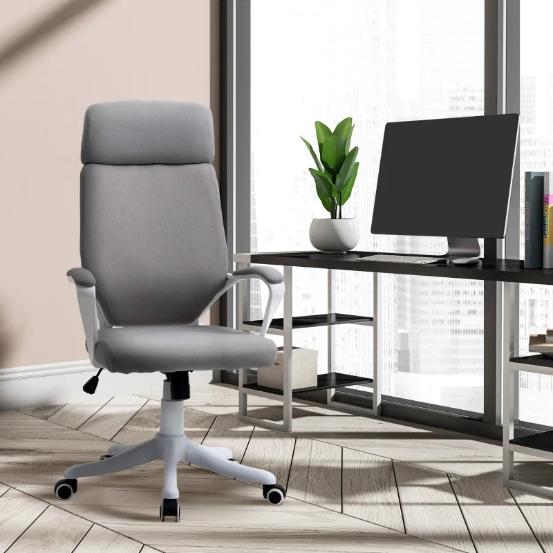 Cadeira de escritório ergonômica ajustável em altura giratória com apoio de braços Apoio de cabeça e encosto alto 63x65x113-123 cm Cinza