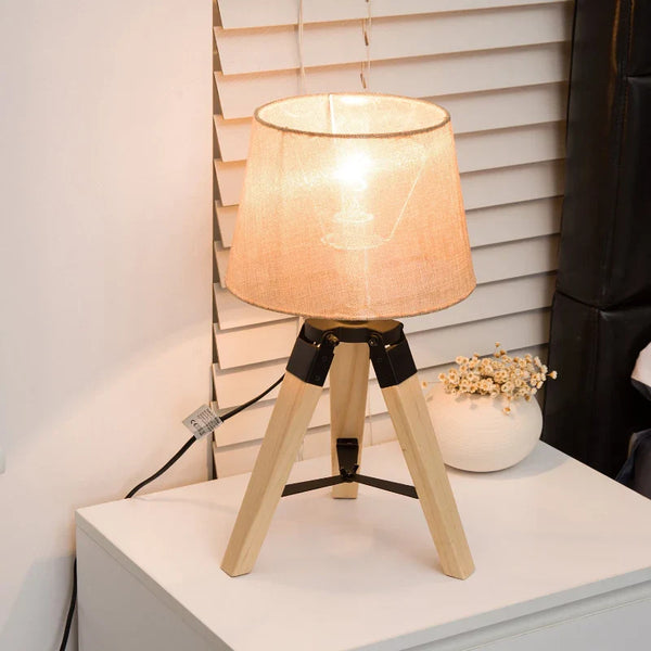 Candeeiro de Mesa Moderno e Original com Base de Tripé e Tela de Tecido de Linho para Dormitório ou Sala de Estar Lâmpada E27 Máx. 40W 24x24x45cm Creme e madeira