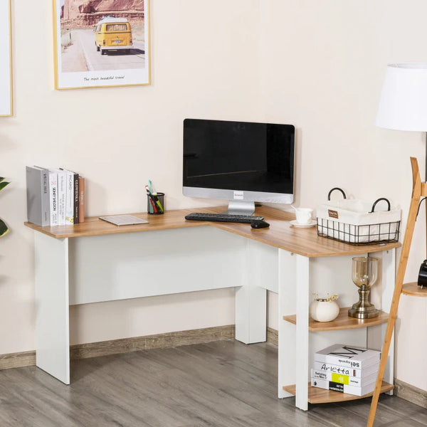 Secretária de Canto Mesa de Computador para Escritório Casa em Forma de L com Prateleiras 136x130x72 cm Branco e Madeira