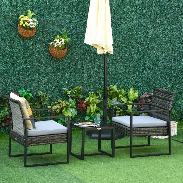 Conjunto de Móveis de Jardim de Vime 3 Peças com 1 Mesa 42,5x40x39 cm 2 Poltronas 63x57x76 cm Almofada Acolchoada para Pátio Varanda Marrom