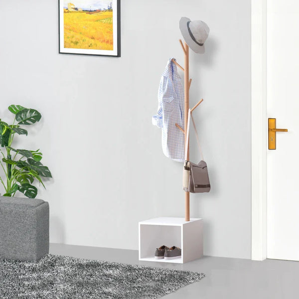 Cabide de Pé com Sapateira Cabide Tipo Árvore Moderno 6 Ganchos para Pendurar Roupa Malas Banco com Arrumação Corredor de Entrada Bambu 40x30x180cm