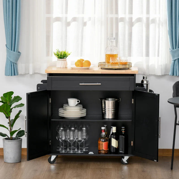 Carrinho de Cozinha com Armário Portas e Prateleira Interior Ajustável Gaveta Barra e Suporte para Temperos Móvel Aparador Auxiliar com Rodas para Sala de Jantar 109x40x89cm Preto