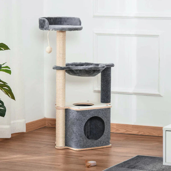 PawHut Árvore Arranhador para Gatos Árvore para Escalar Brincar e Descansar com Rede Plataformas Caverna Bola Suspensa e Poste de Sisal para Aranhar 48x34x95cm Cinza