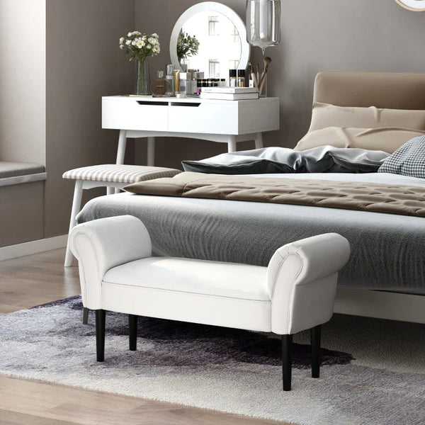 Banco de Pé de Cama Banco com Braços Curvados Estofado e Pés de Madeira para Dormitório Entrada Sala de Estar Carga Máxima 130kg 102x31x51cm Branco