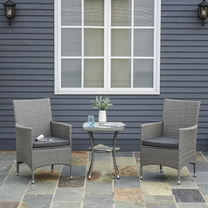 Conjunto de Móveis de Vime para Jardim Composto por 1 Mesa 2 Poltronas com Almofadas Móveis de Jardim Metal e Vime Cinza Claro