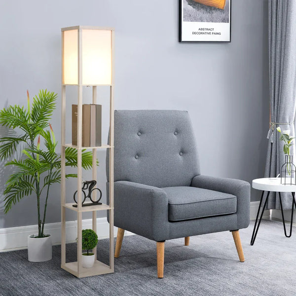 Candeeiro de Pé de Madeira com 3 Prateleiras De Armazenamento para Lâmpada E27 Potência Máx. 40W Candeeiro Moderno para Sala de Estar Dormitório 26x26x160cm Carvalho e Branco